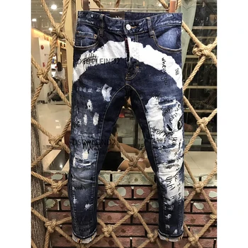 Зимние модные Мужские джинсы, синие джинсовые брюки, значок Moto Biker Slim Slender, Бриллиантовые буквы Skinny Beggar, Стираемый Размер 44-54